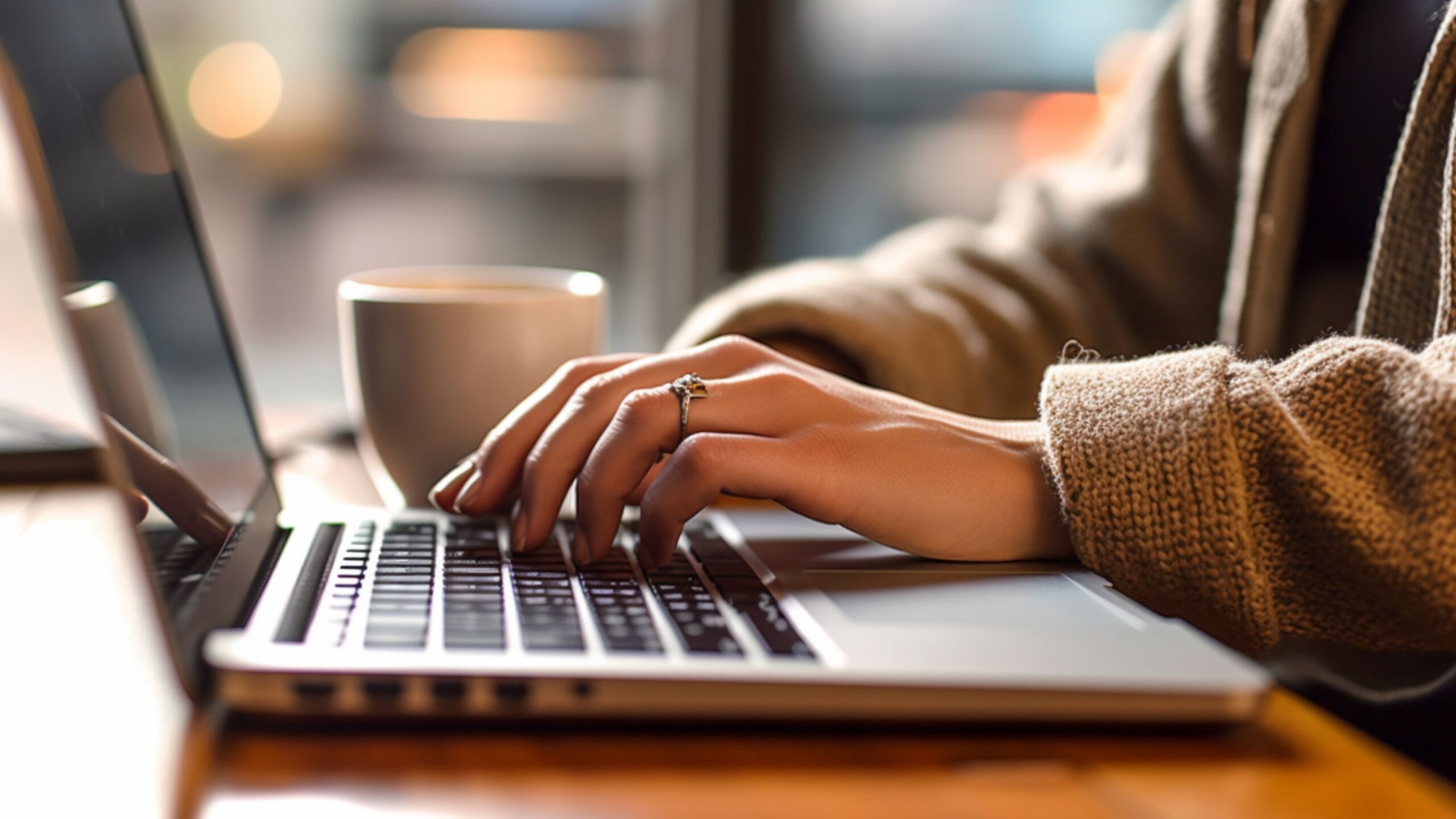 photo of a woman typing on a laptop with a coffee cup in the background.