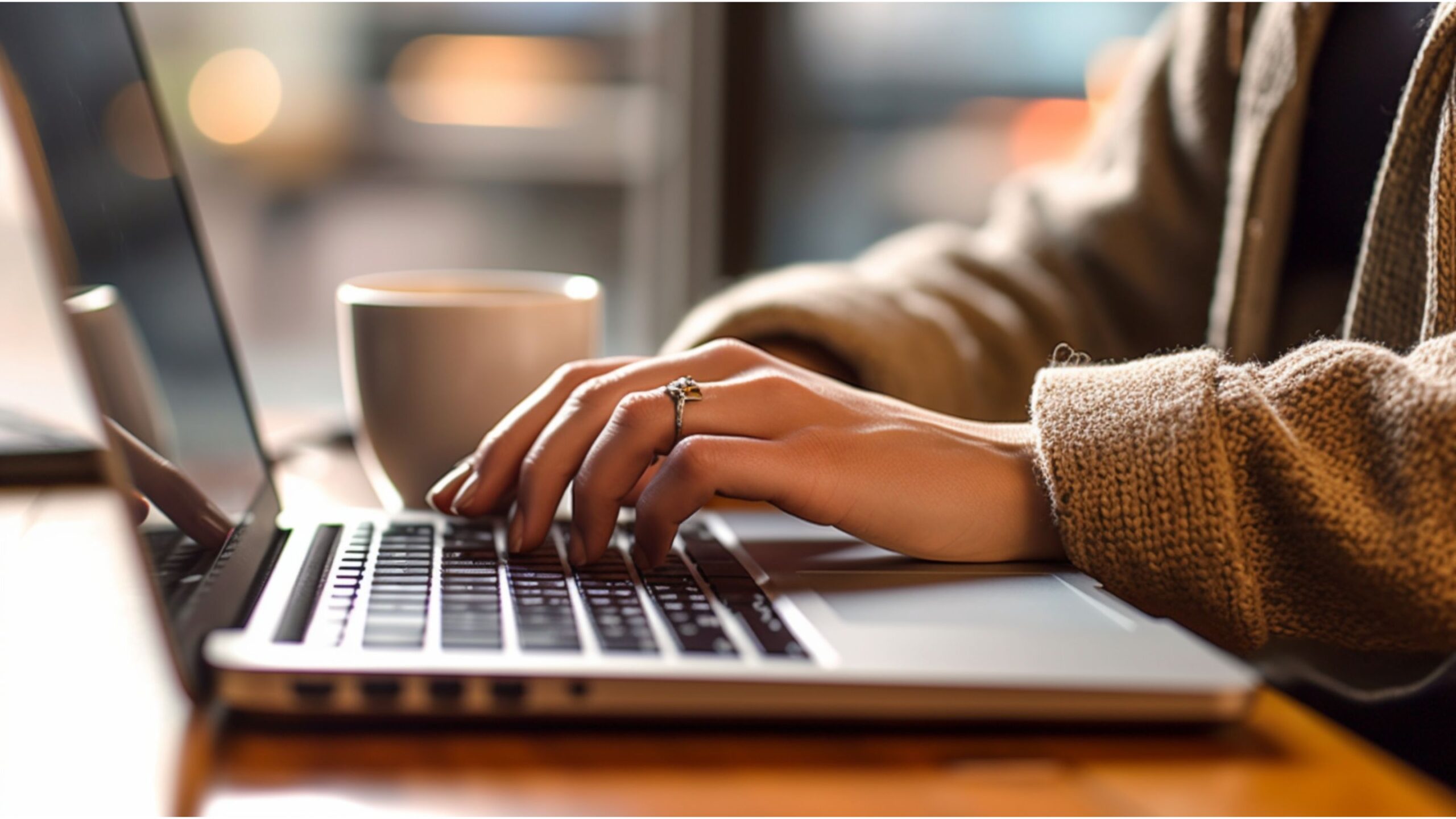 photo of a woman typing on a laptop with a coffee cup in the background.